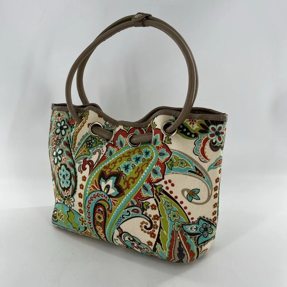Retired Spartina 449 Bag Hobo Boho Beach Bucket Drawstring Tote Linen & Leather‎